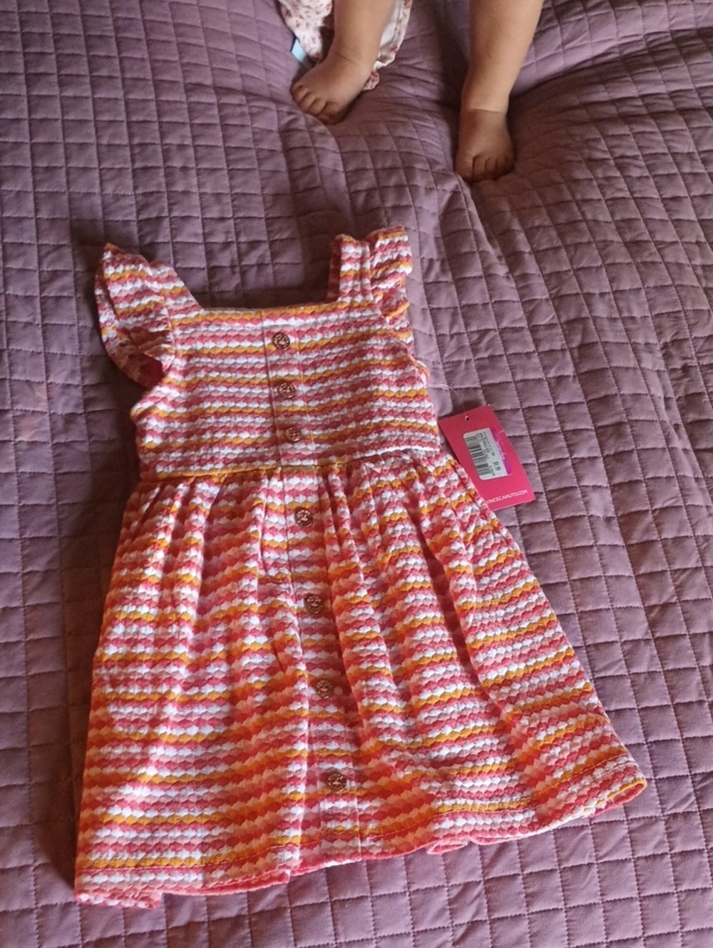 Girls' Pink & Orange Striped Ruffle Sleeve Dress - Brand